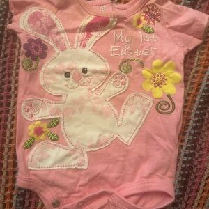 Pink Baby Onesie with Bunny and Floral Design EUC My 1st Easter